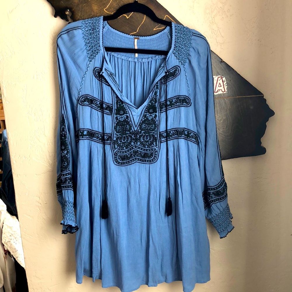 Free People Light Blue Embroidered Dress